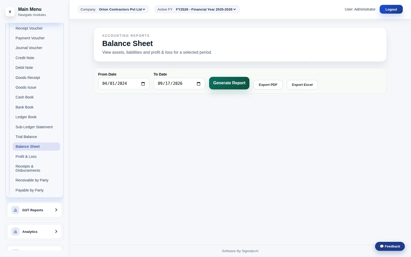 Balance Sheet, scoped to company and financial year.