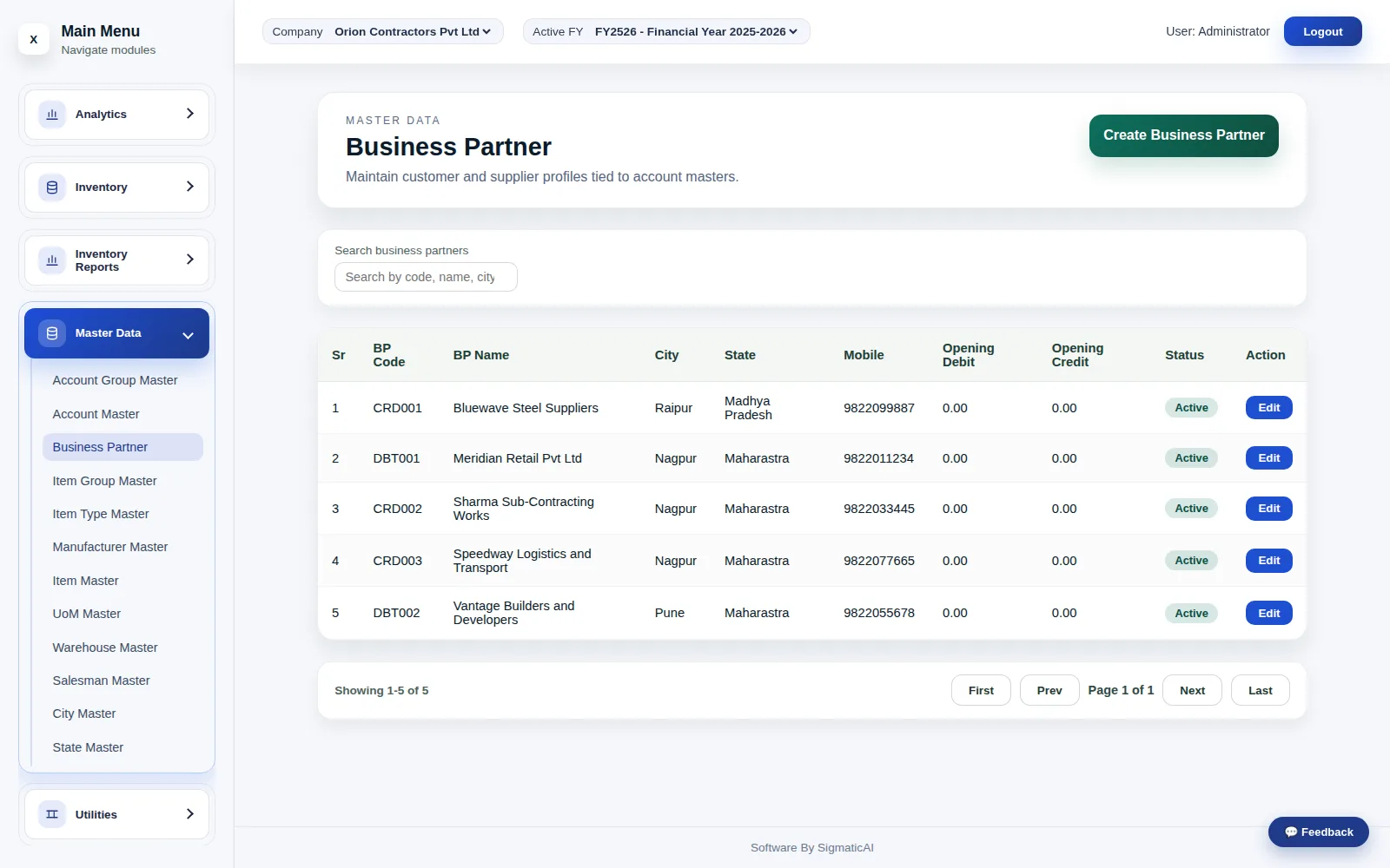 Business Partner master — the debtors, creditors, sub-contractors and transporters every voucher references.