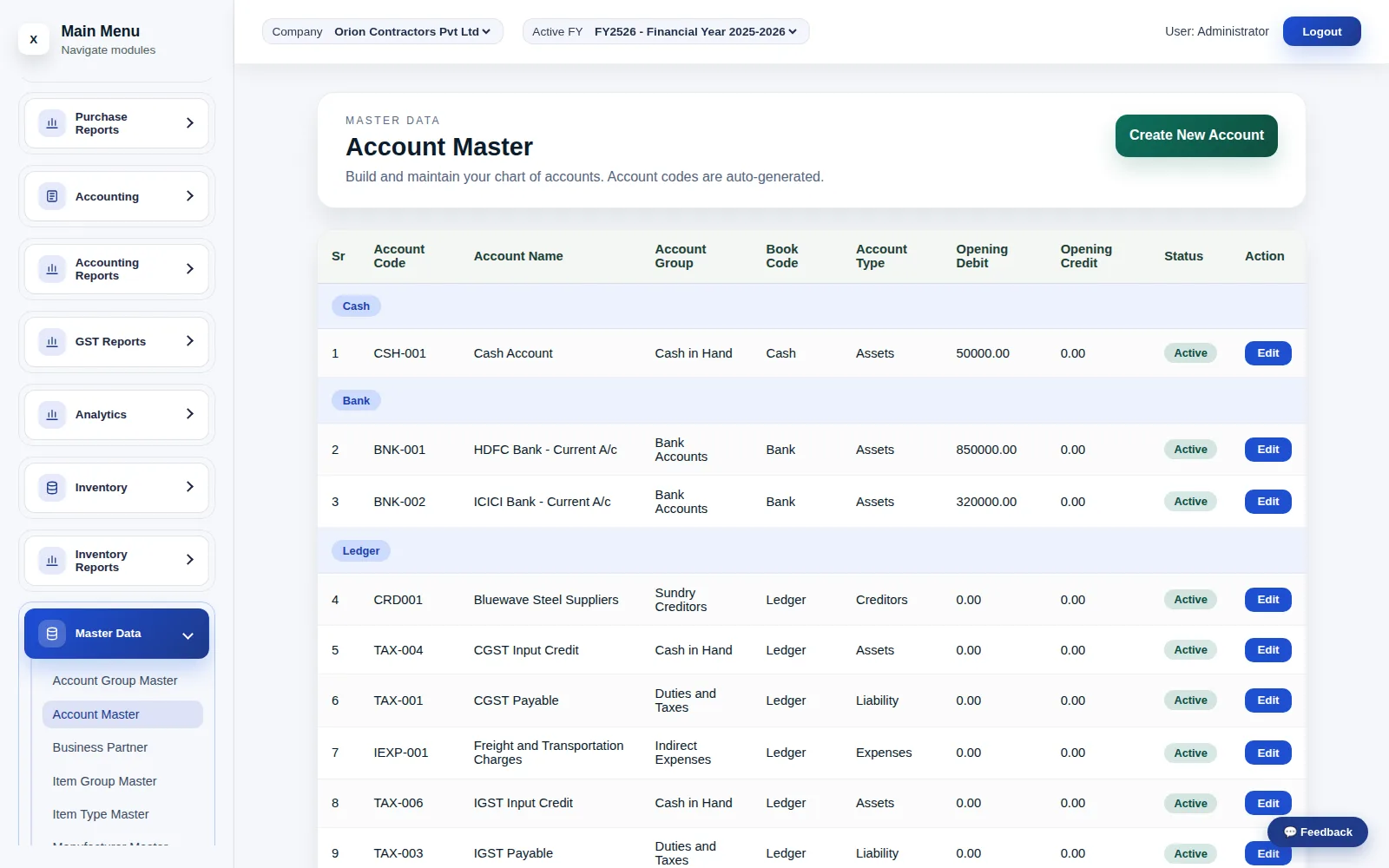 The Account Master — the chart of accounts every voucher, report and business partner ultimately posts against.