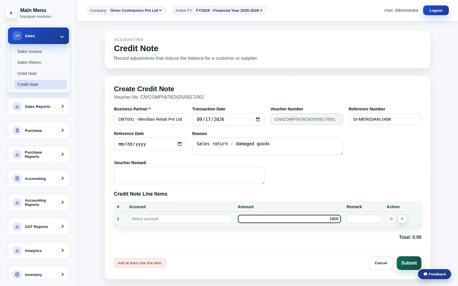 Credit Note — reversing an invoice’s GST split exactly, not approximately.