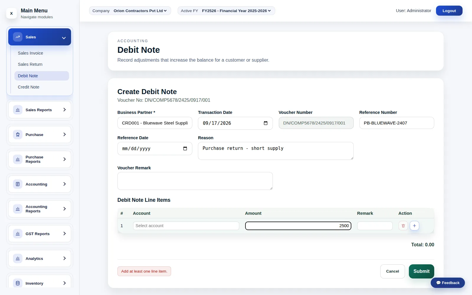 Debit Note, the purchase-side equivalent for adjustments against a supplier.