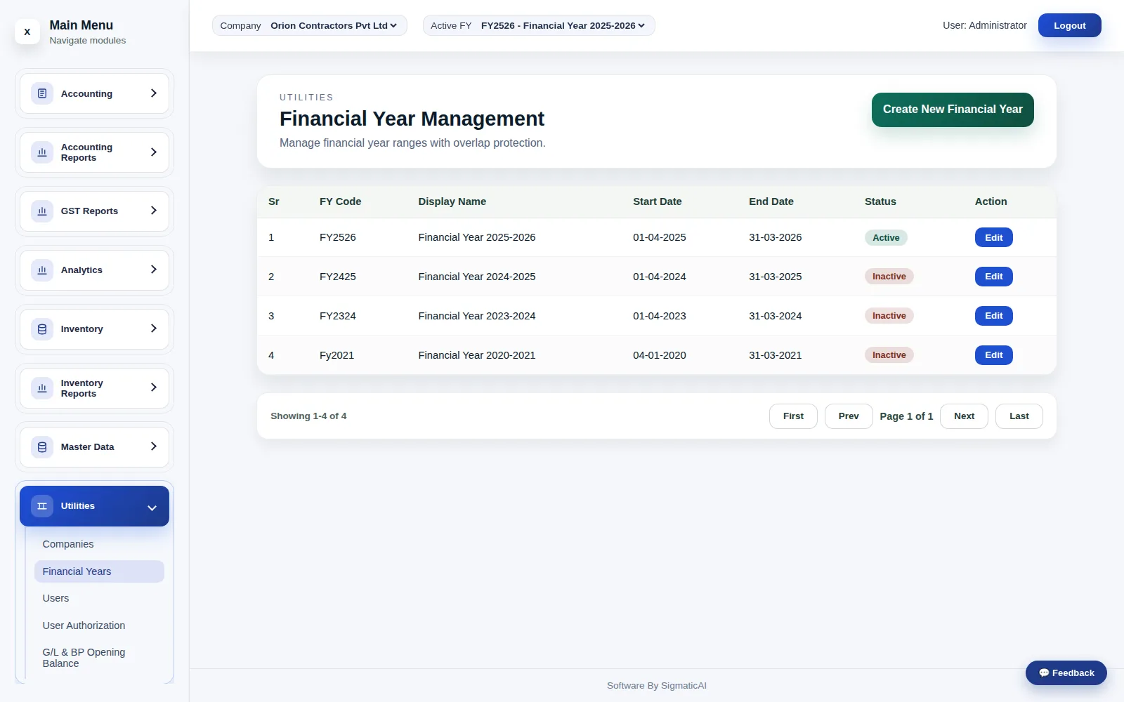 Financial Years — the scope every voucher number and report is anchored to.