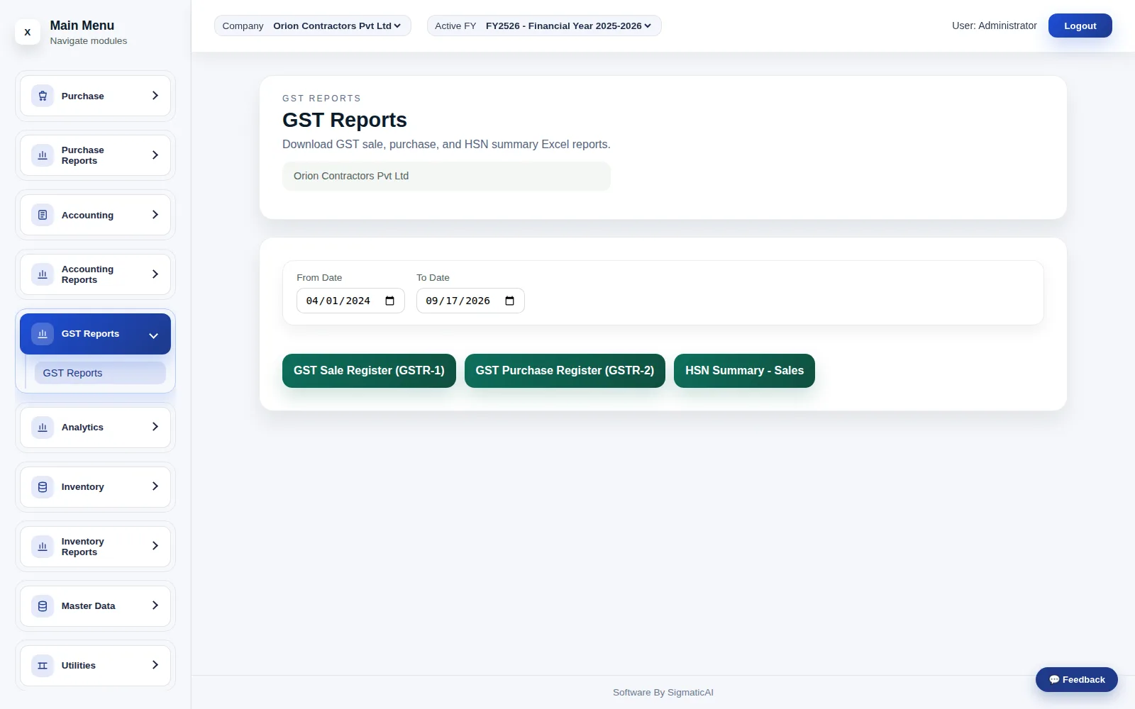 GST Export — return-filing figures pulled from the books, not re-keyed into a separate tool.