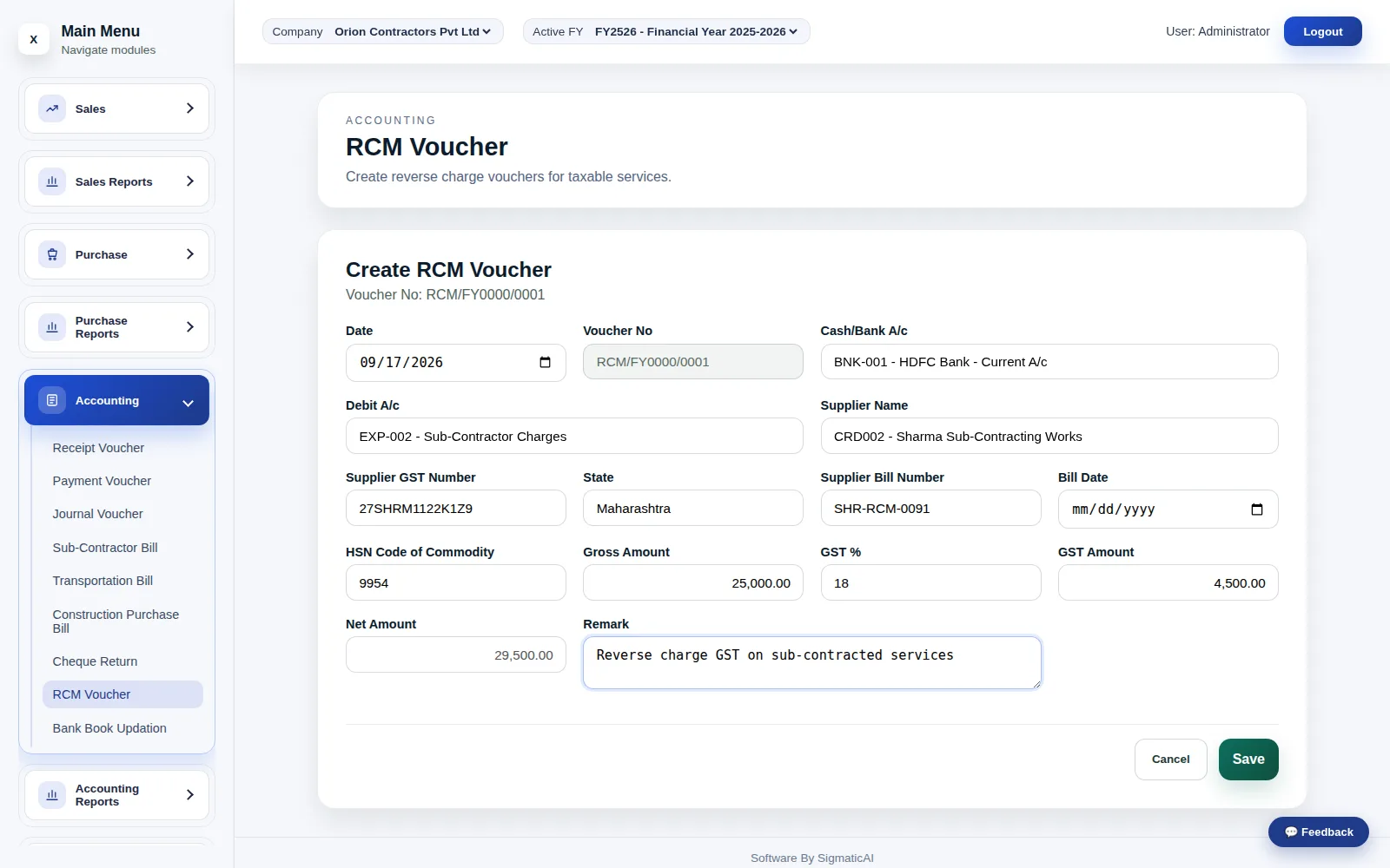 The RCM (Reverse Charge Mechanism) voucher — Indian GST self-invoicing built as a first-class voucher type instead of a manual adjustment.