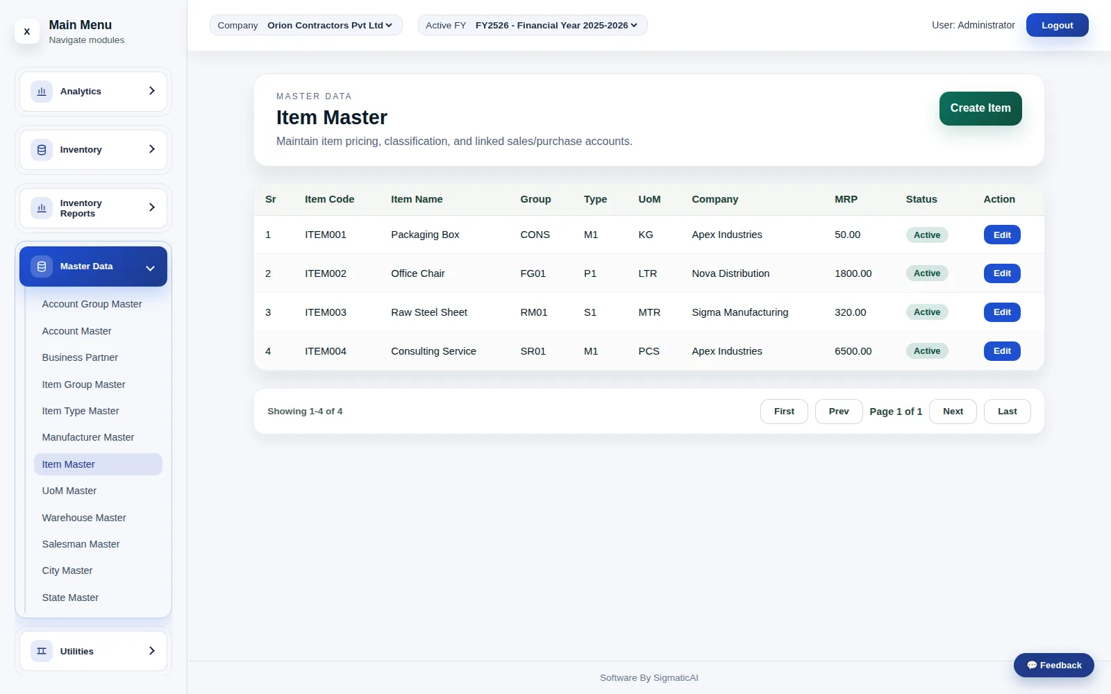 Item Master — GST rate, HSN code and per-warehouse pricing, set once per item.