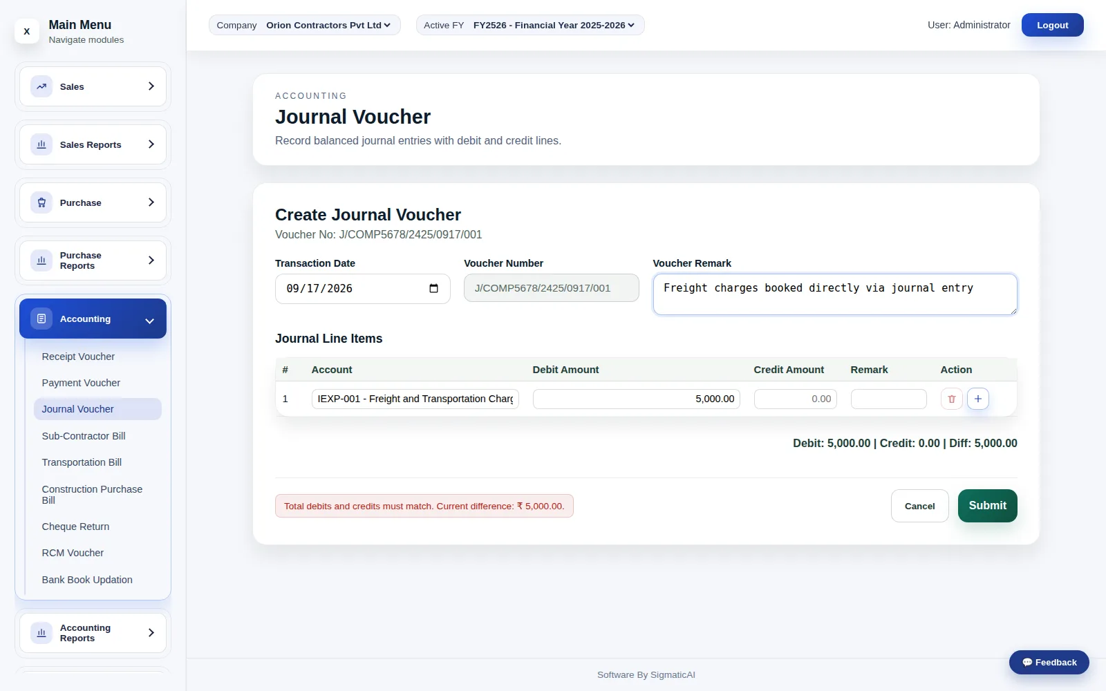 Journal Voucher, for the adjustments that don’t fit a receipt, payment or bill.