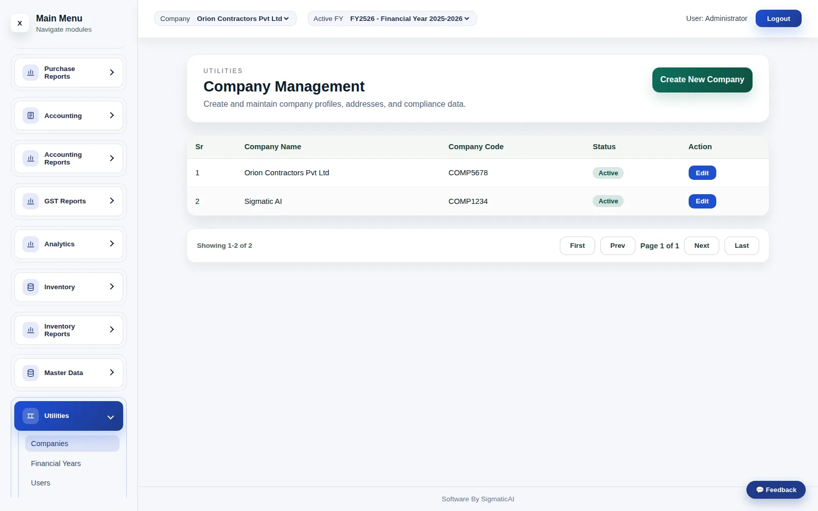 Switching company and financial year — the scope every later screen inherits.