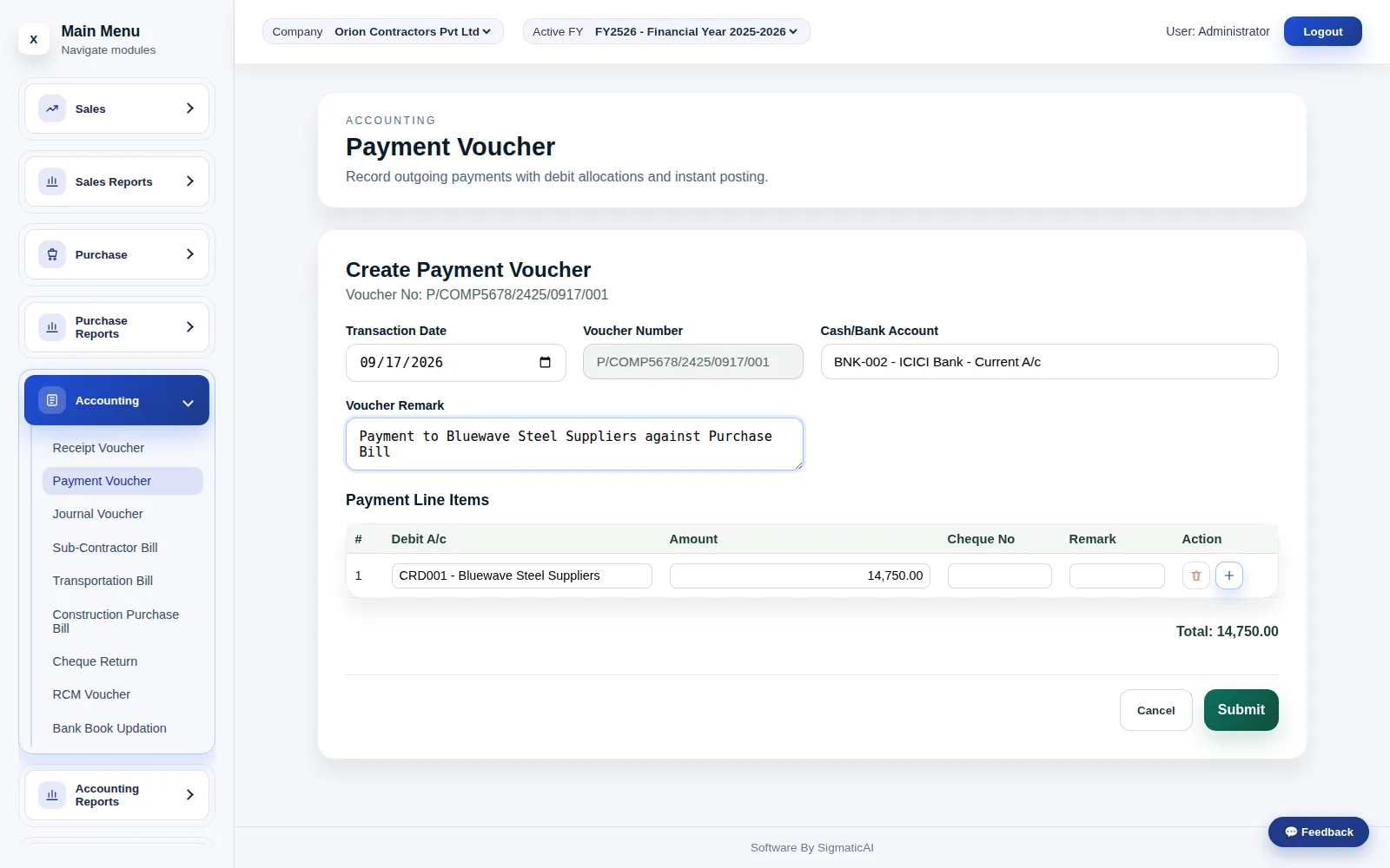 Payment Voucher, posting against the same chart of accounts as every other voucher type.