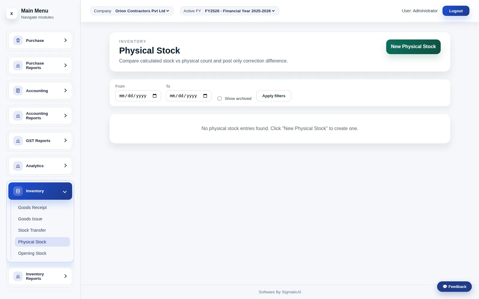 Physical Stock — a count reconciled against the same figure every transactional screen shows.