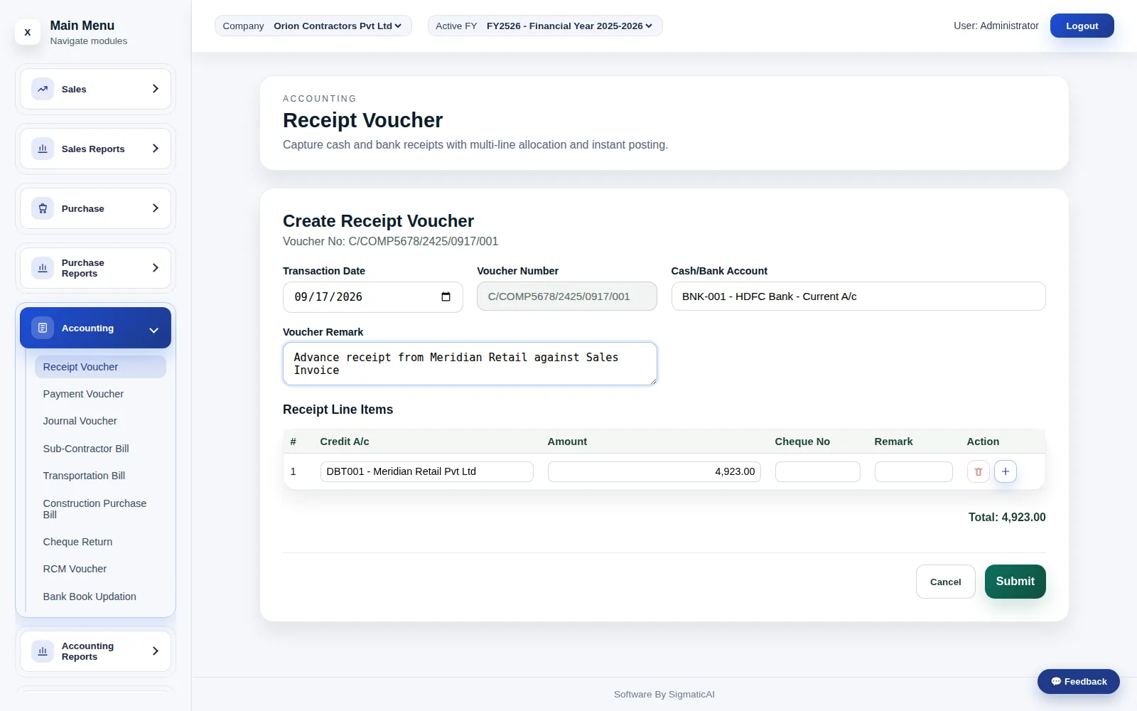 Receipt Voucher — the everyday entry every accounting system needs to get right first.
