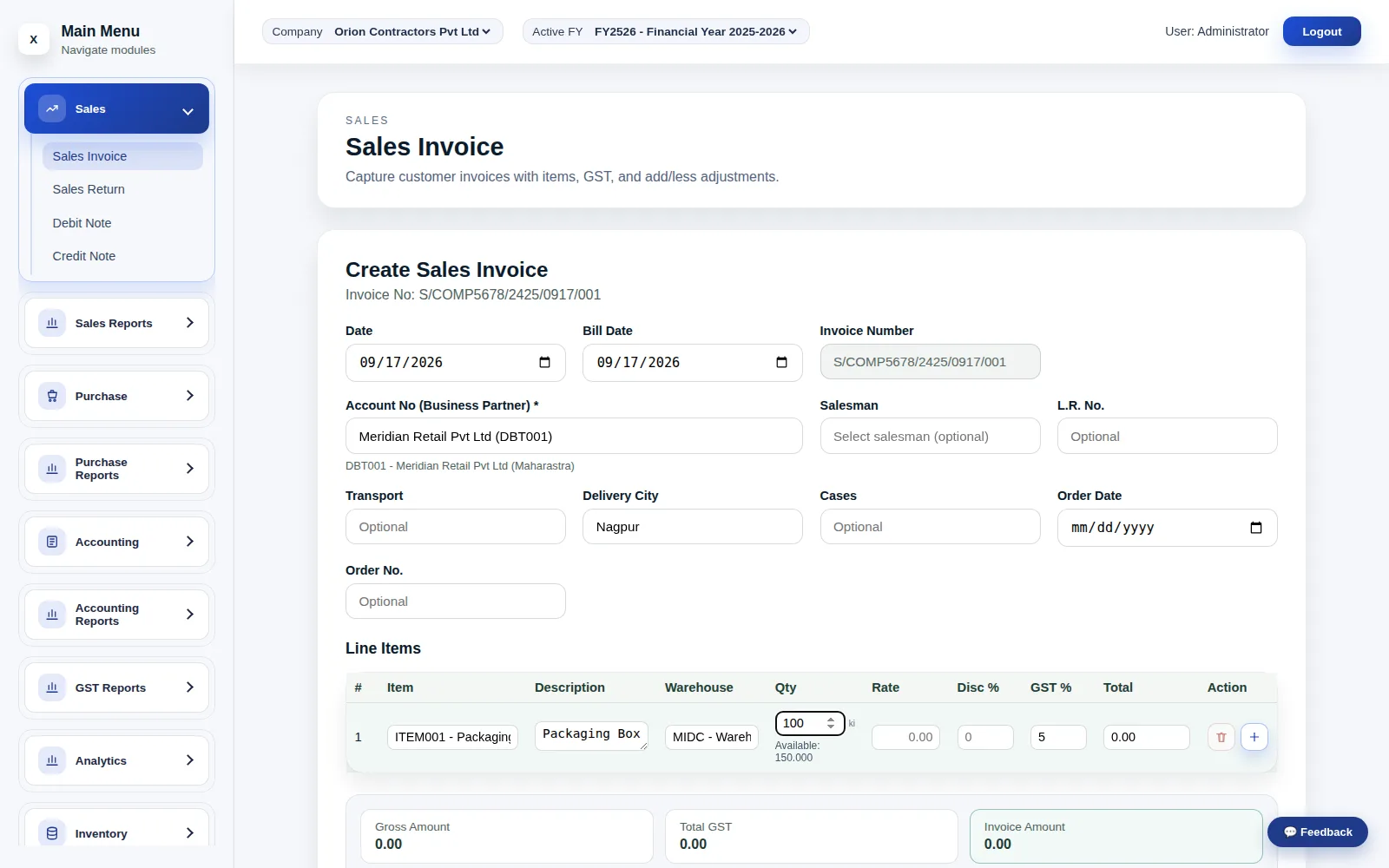 A GST sales invoice — tax computed from the item’s own rate and HSN code, not typed in by hand.
