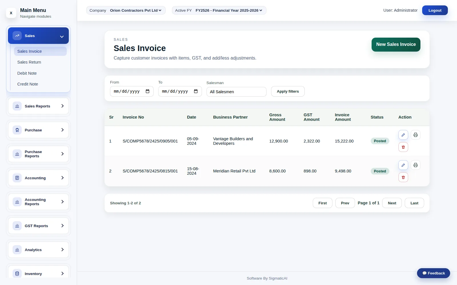 The sales invoice list — history, status and totals at a glance.