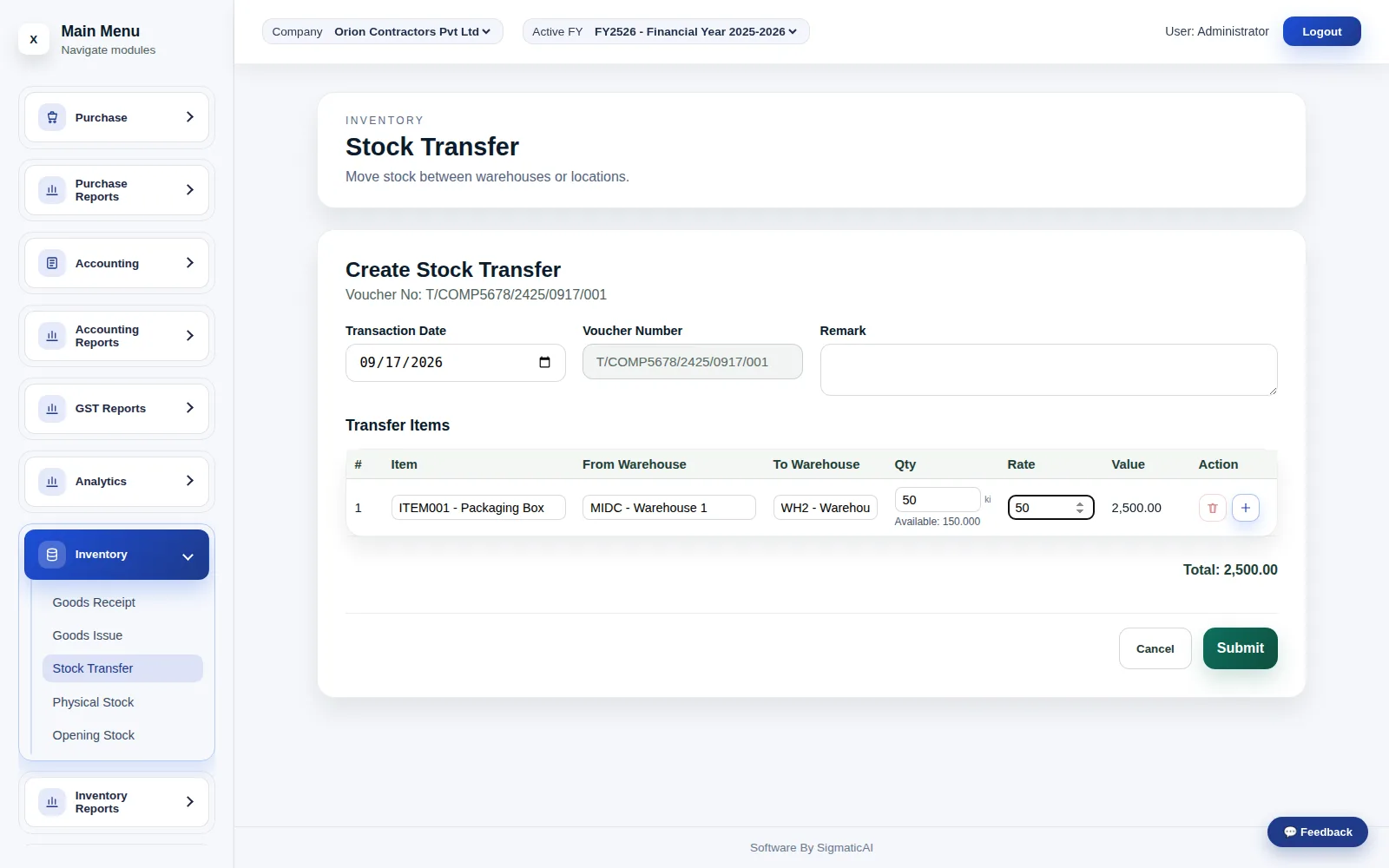 Stock Transfer between warehouses, each leg checked independently.