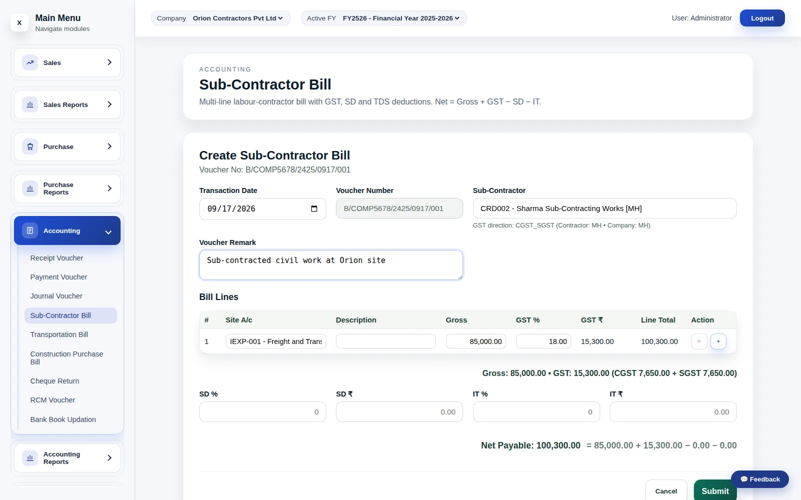 A sub-contractor bill, with retention and GST fields specific to contracting work.