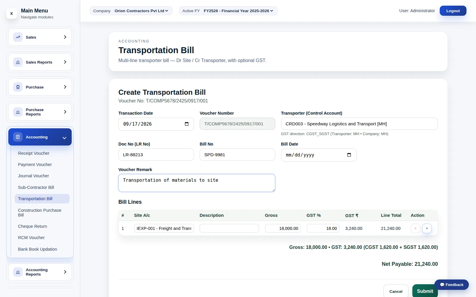 A transportation bill, for freight and logistics charges billed separately from the goods themselves.