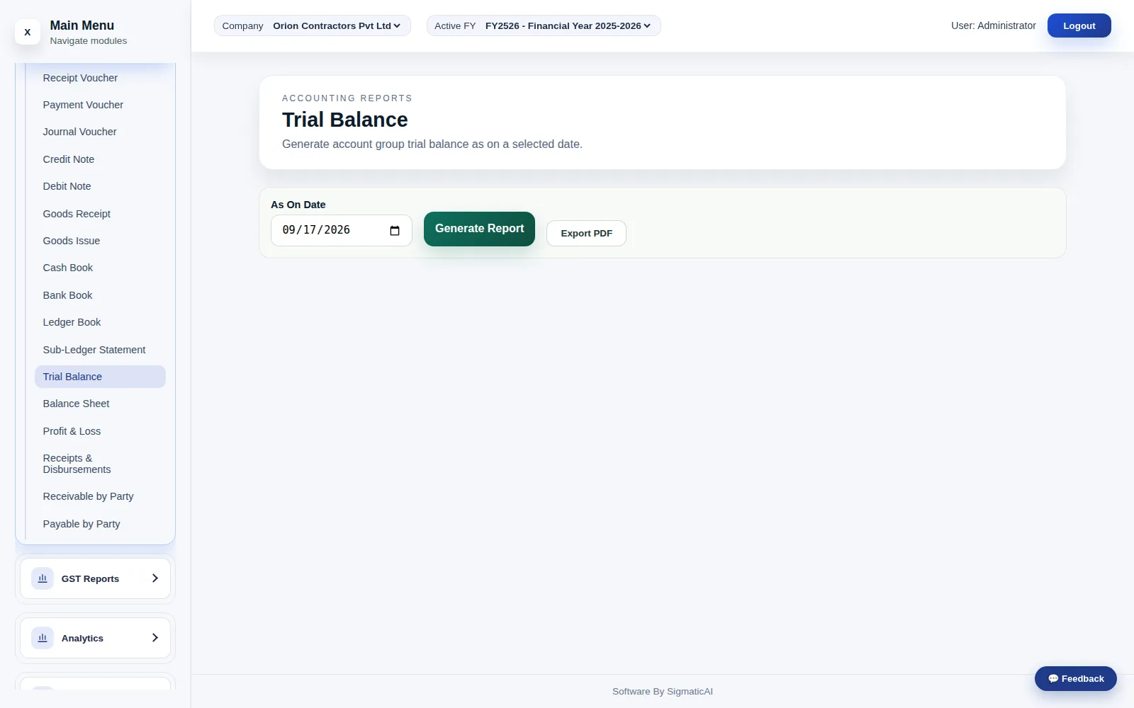 Trial Balance, drawn straight from the same records every voucher screen writes to.