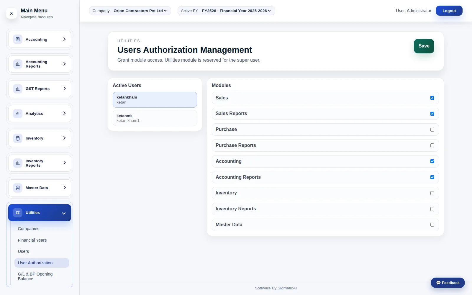 User Authorization — the same permission flags gating both the nav and the API.