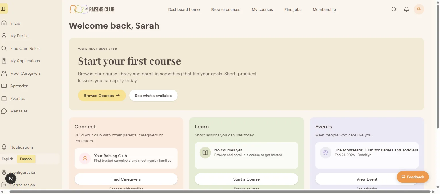 The learner dashboard with its navigation in Spanish — bilingual from the first release