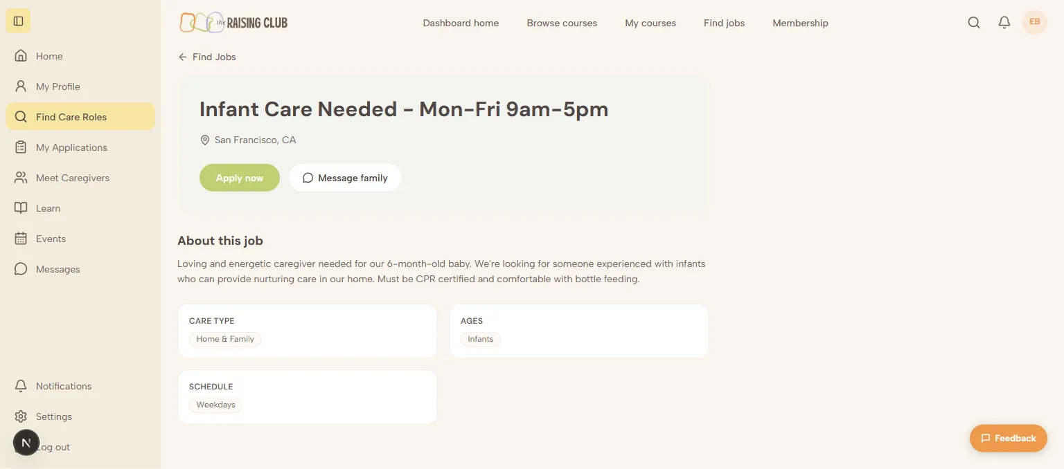 A role in full — requirements, pay, schedule and a direct route to message the family.