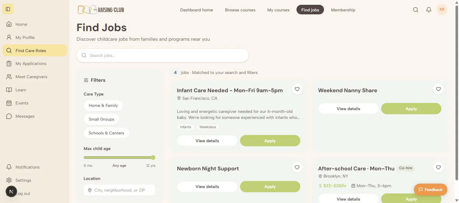 Caregiver job board with structured search in The Raising Club marketplace