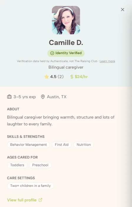 A caregiver profile drawer opened from search, without losing the result set.