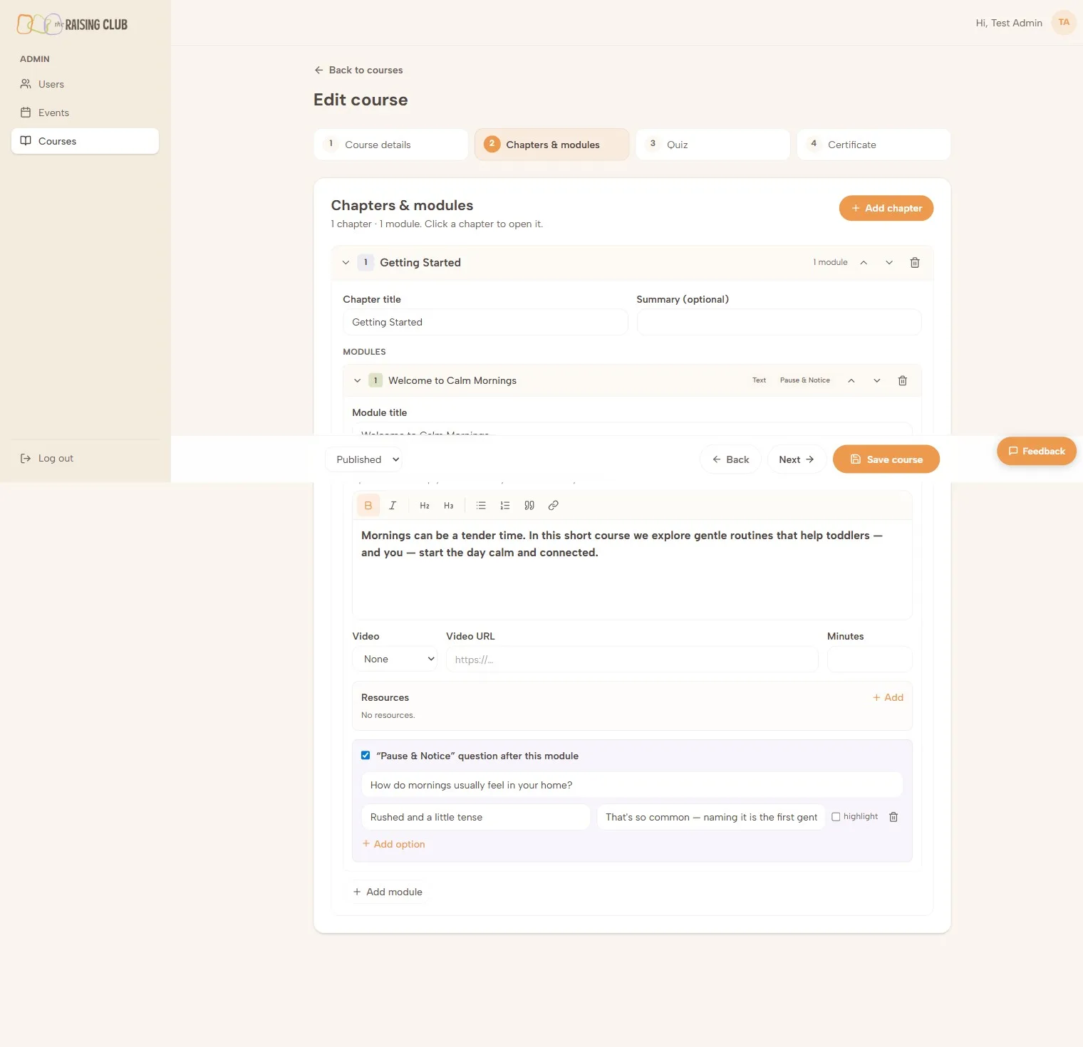 Course curriculum editor in a custom LMS built by SigmaticAI