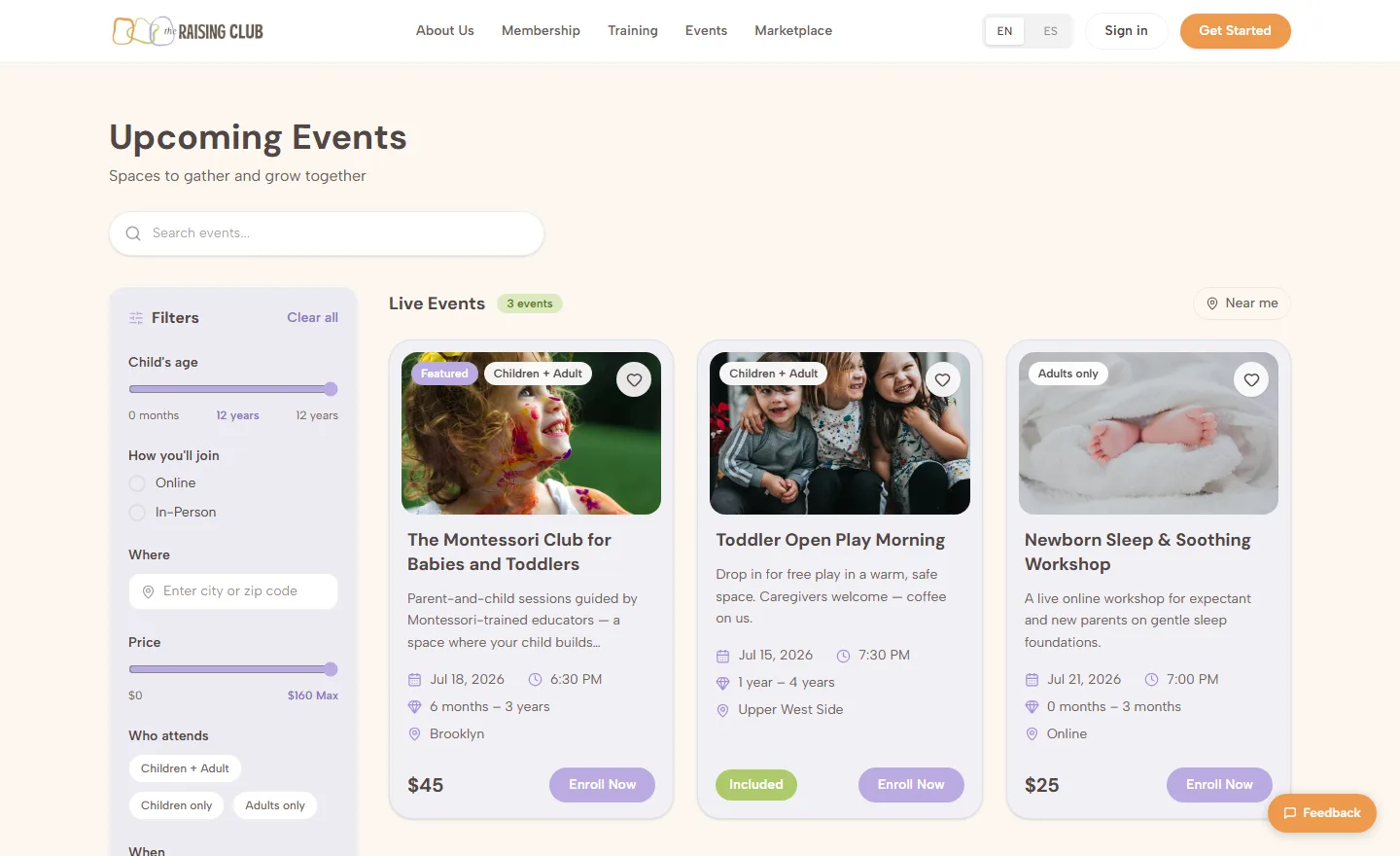 Events browser with booking in The Raising Club community platform