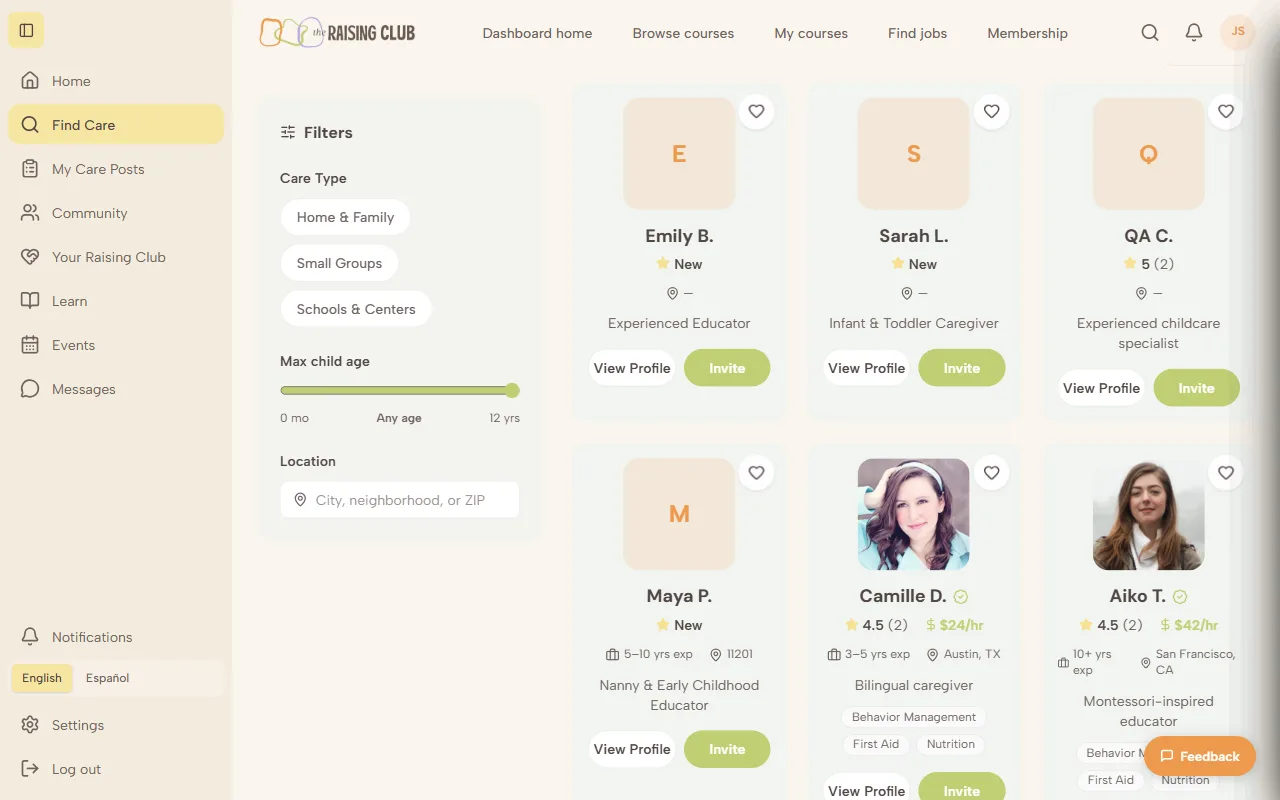 Marketplace search filters in The Raising Club