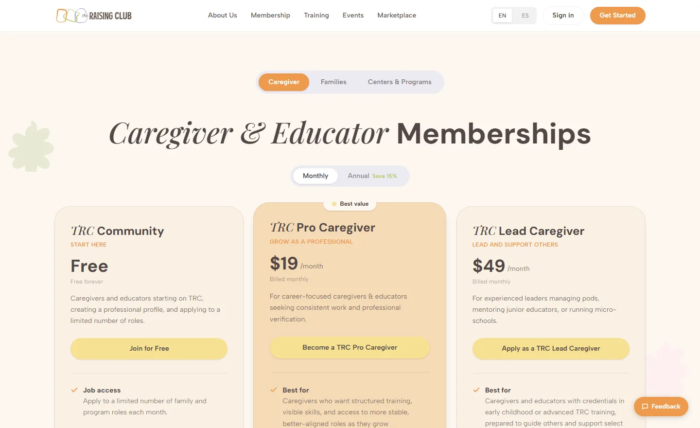 The public membership page — tiers and monthly/annual pricing, read live from the admin-managed plan catalogue.