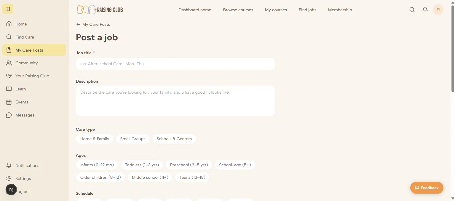 Posting a care role — structured fields with server-side validation, saveable as a draft.
