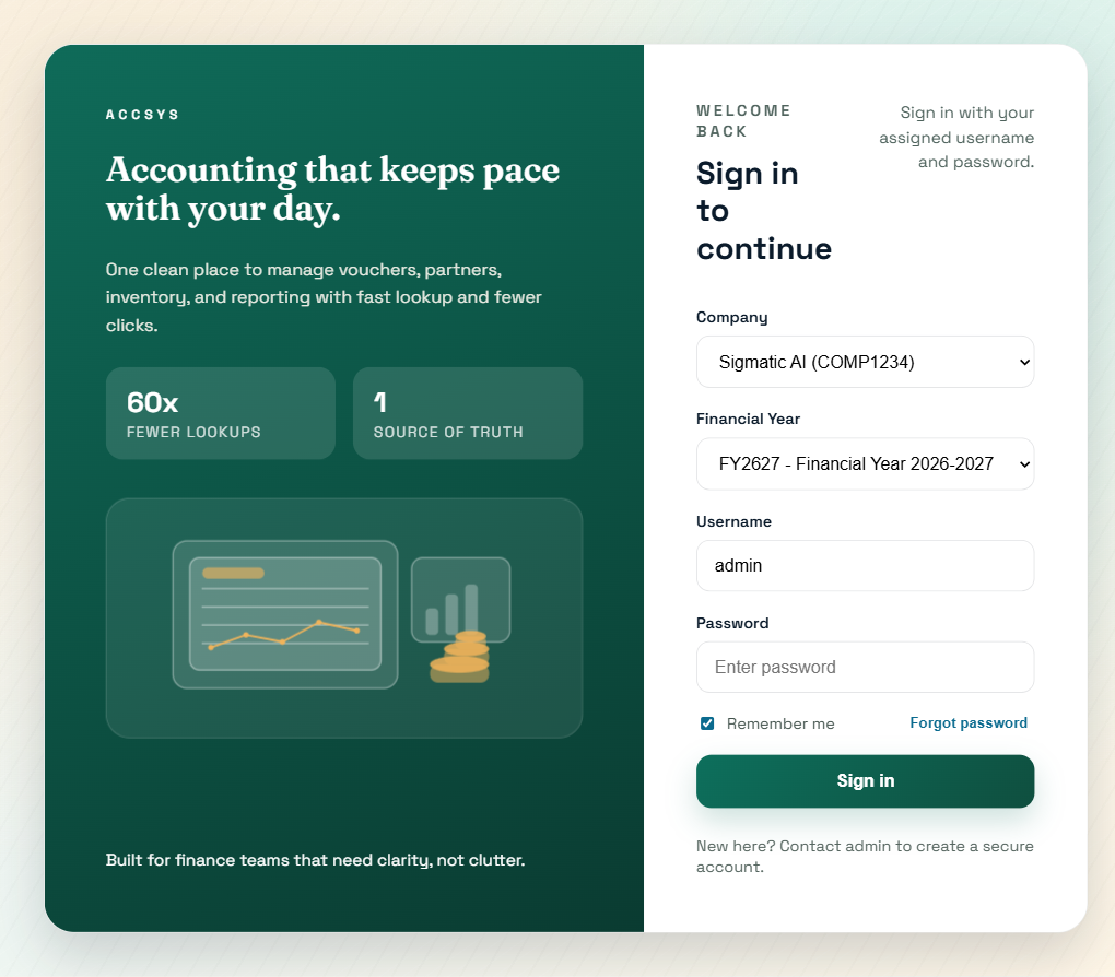 Sign in — multi-company, multi-financial-year selector