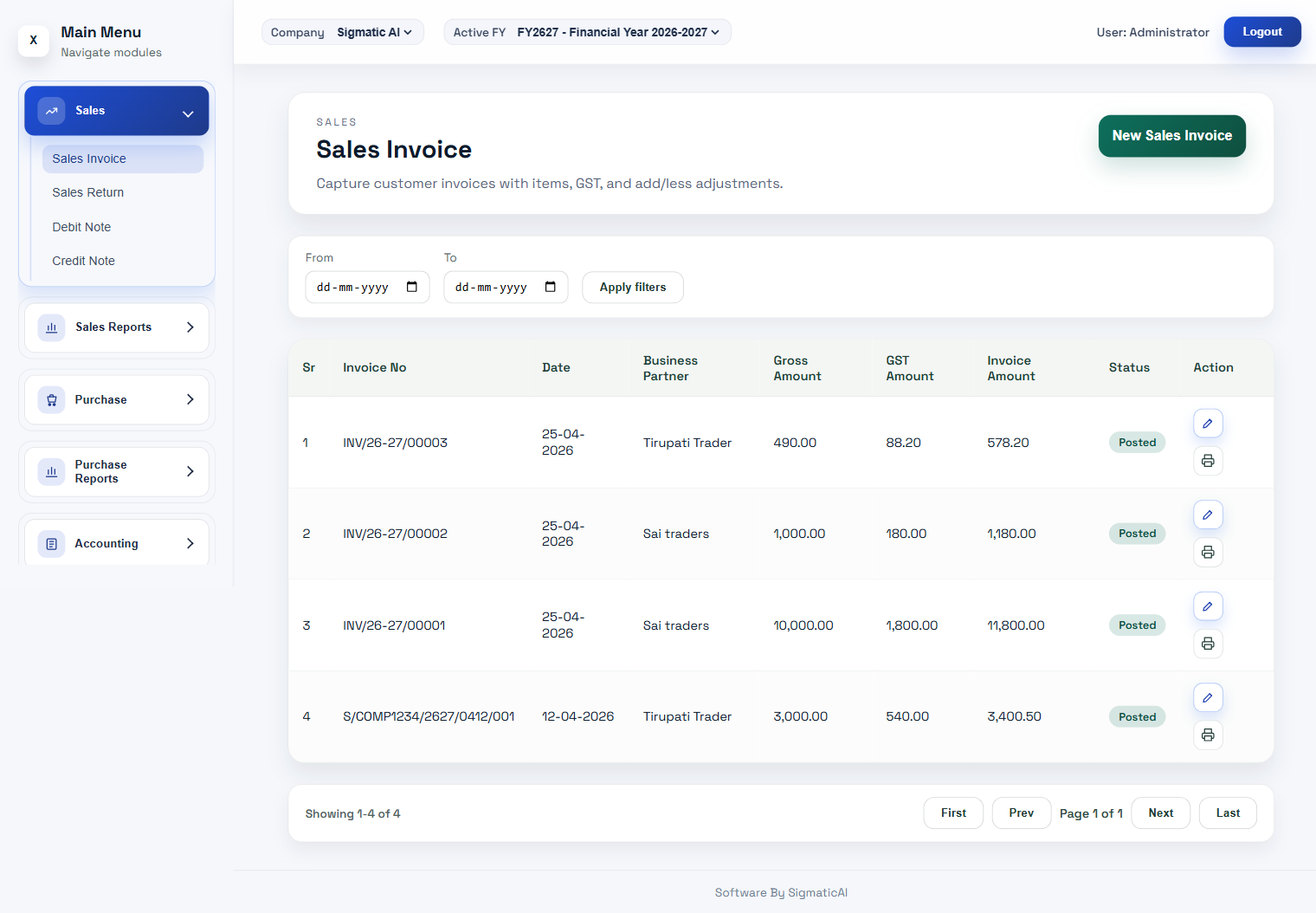 Sales module — invoices, quotations, and order management