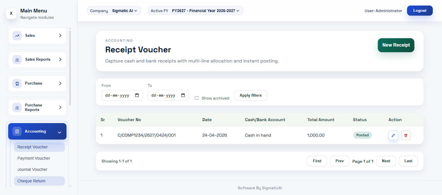Voucher entry — keyboard-first workflow for accountants