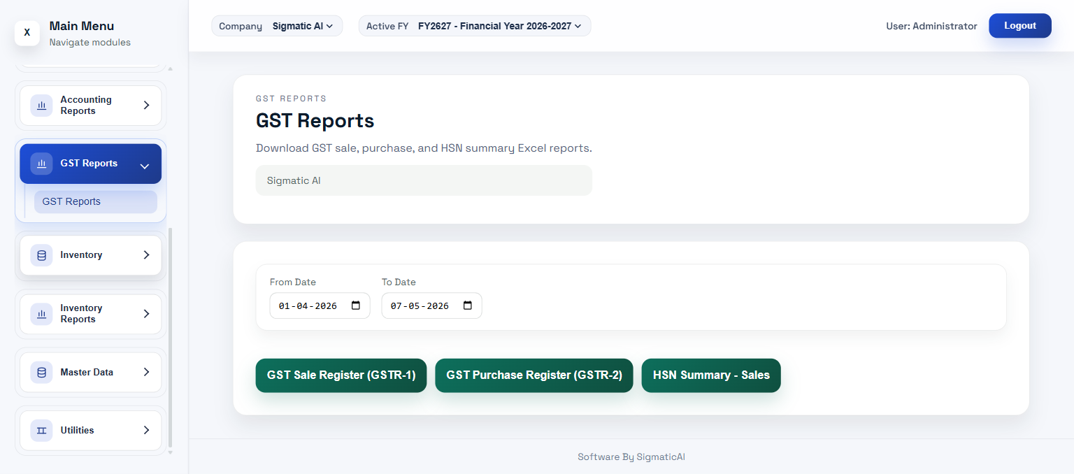 GST reports — GSTR-ready summaries from your vouchers