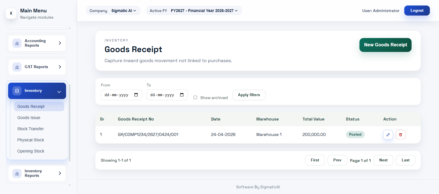 Inventory — multi-warehouse stock and item pricing