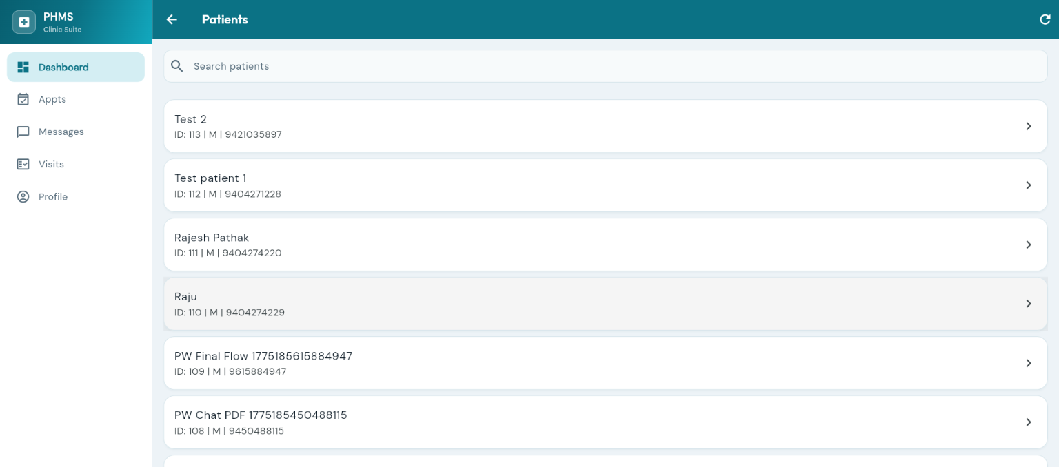 Patients list — searchable longitudinal records with phone, ID, and registration tracking