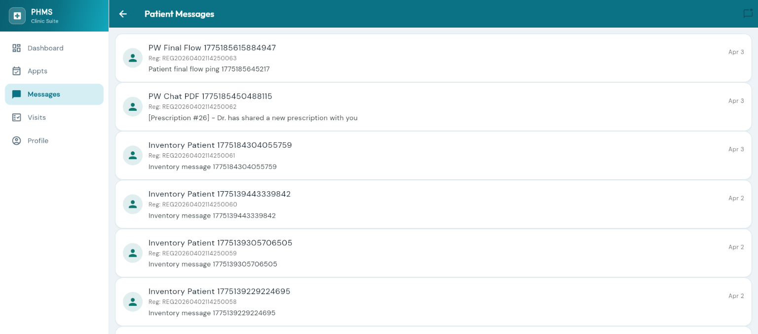 Patient messages inbox — secure doctor-patient chat with prescription notifications
