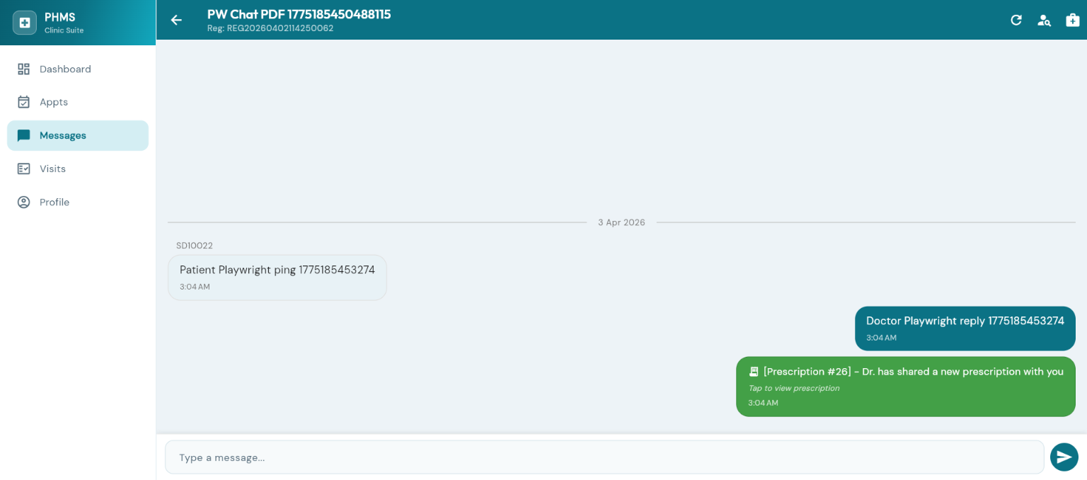 Share prescriptions inside the chat — patients tap to view the full prescription PDF