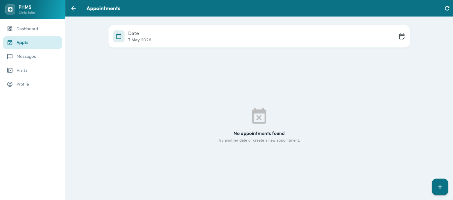 Appointments — date-based view with quick rescheduling and new appointment creation