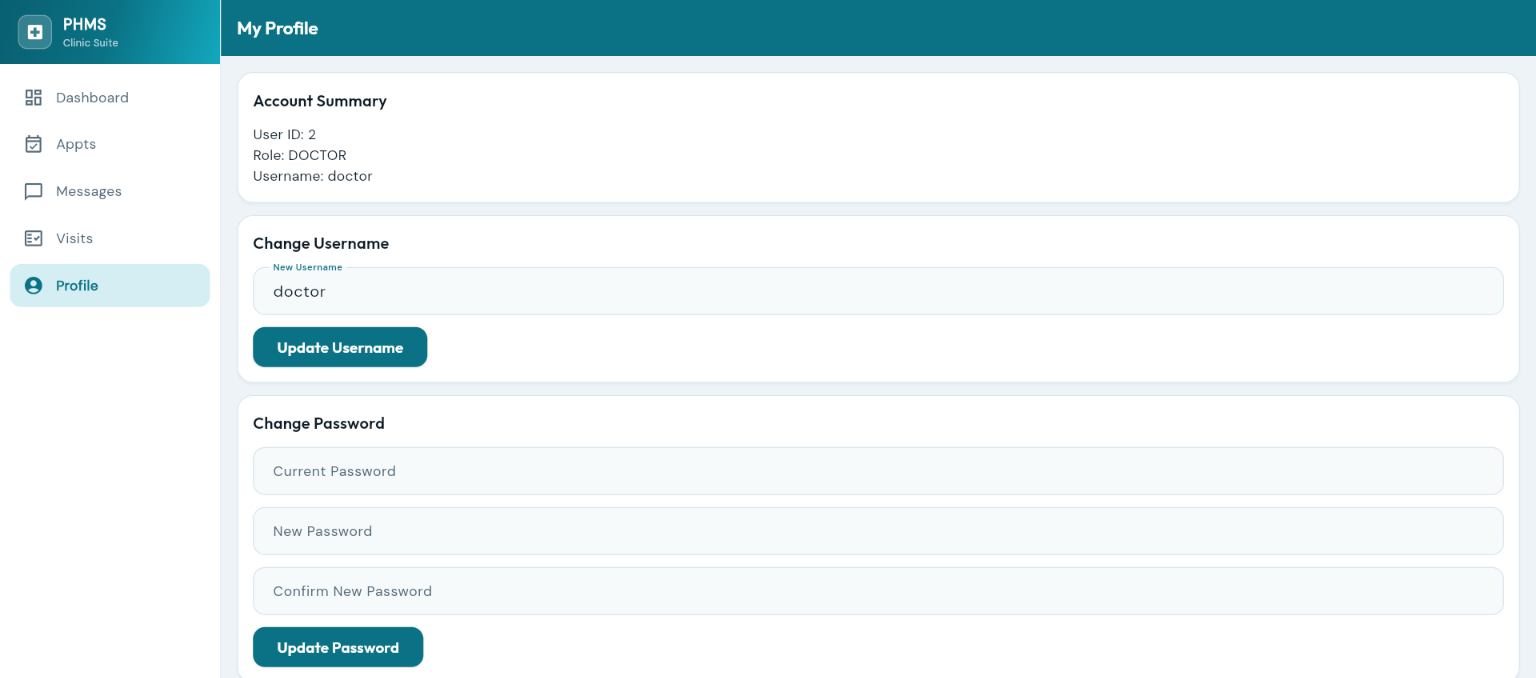 Doctor profile — manage username, password, and account details
