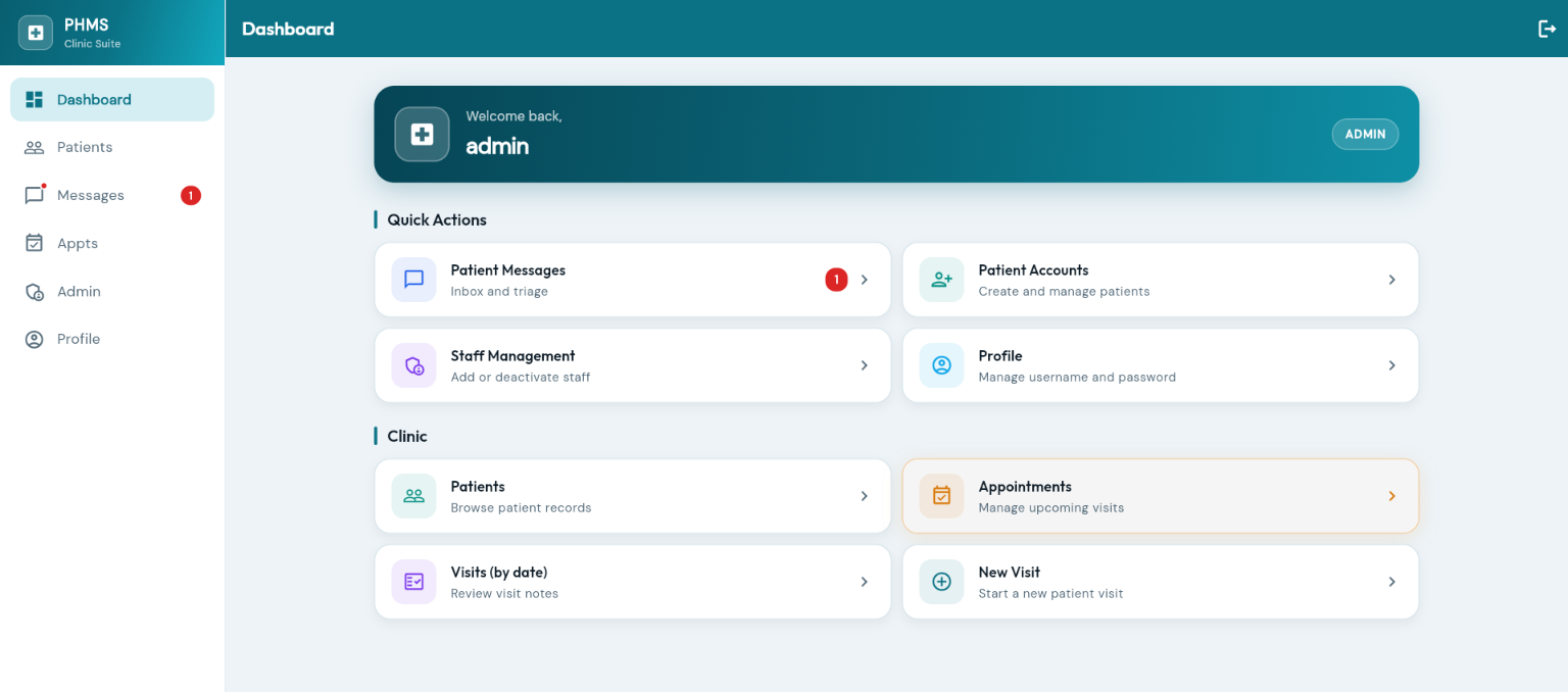 Admin dashboard — manage patient accounts, staff, messages, and clinic operations