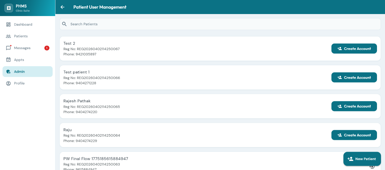 Patient user management — admin creates and controls patient login accounts