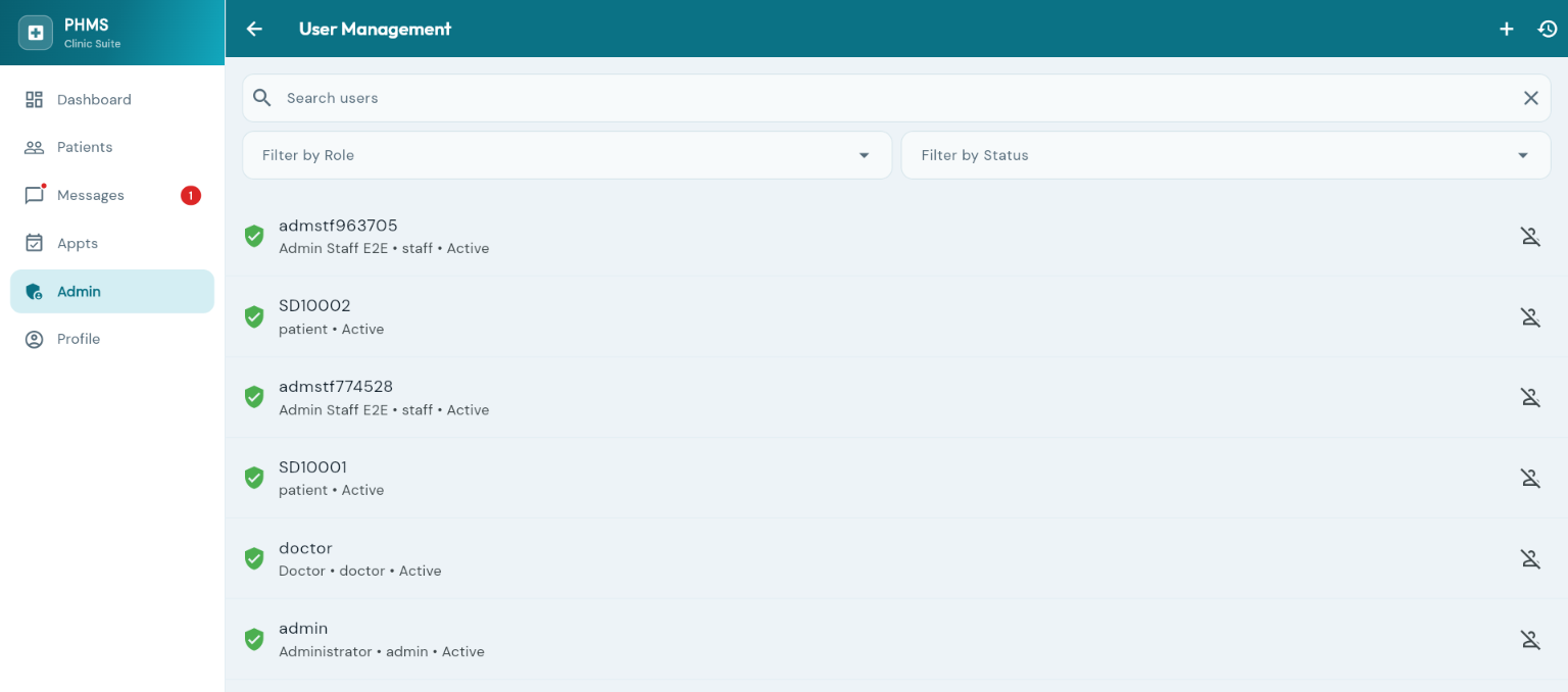 User & role management — admins, doctors, staff, and patients with role-based status controls