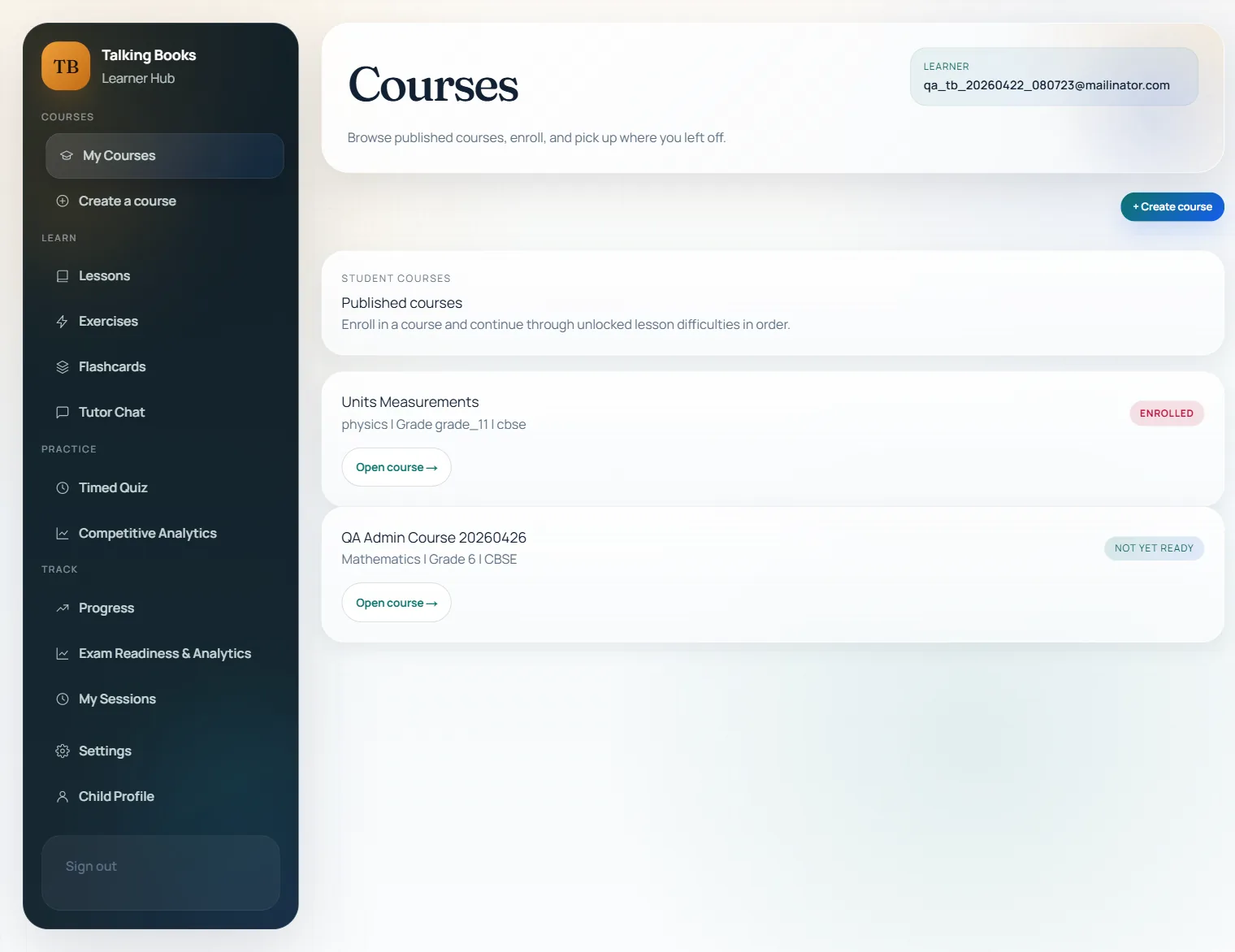 Courses dashboard — enrolled courses with progress tracking