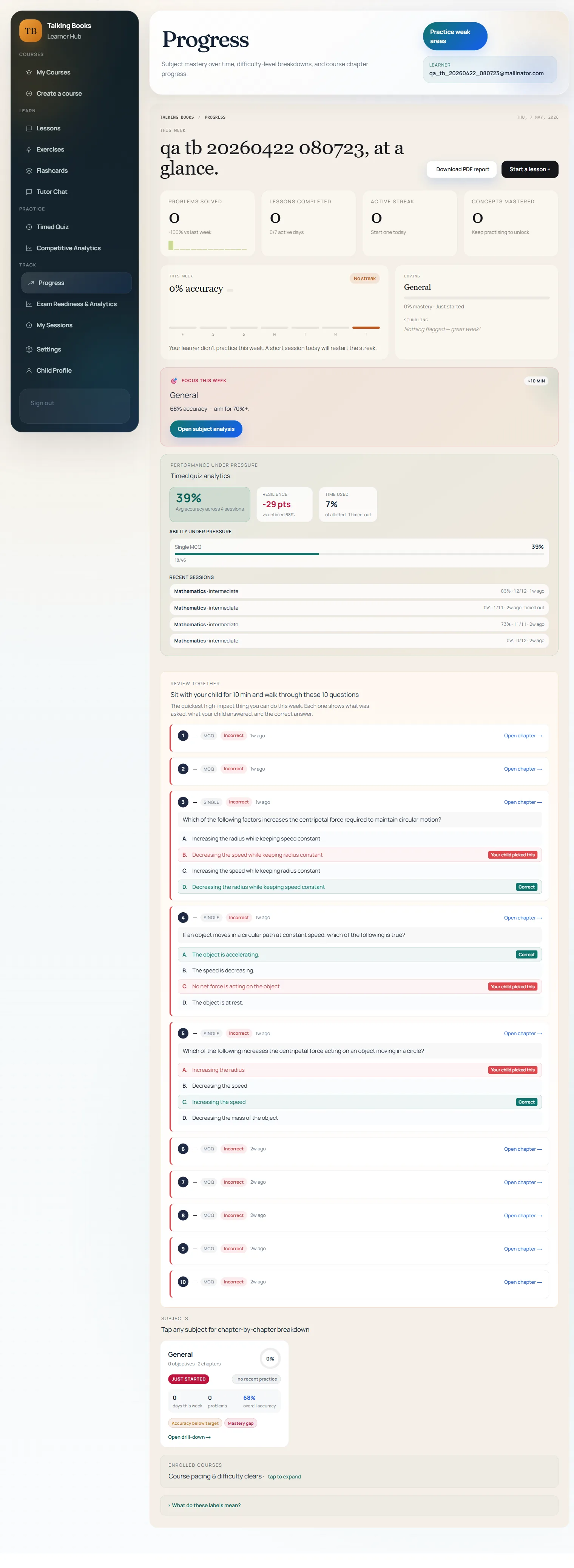 Progress dashboard — mastery and streak tracking