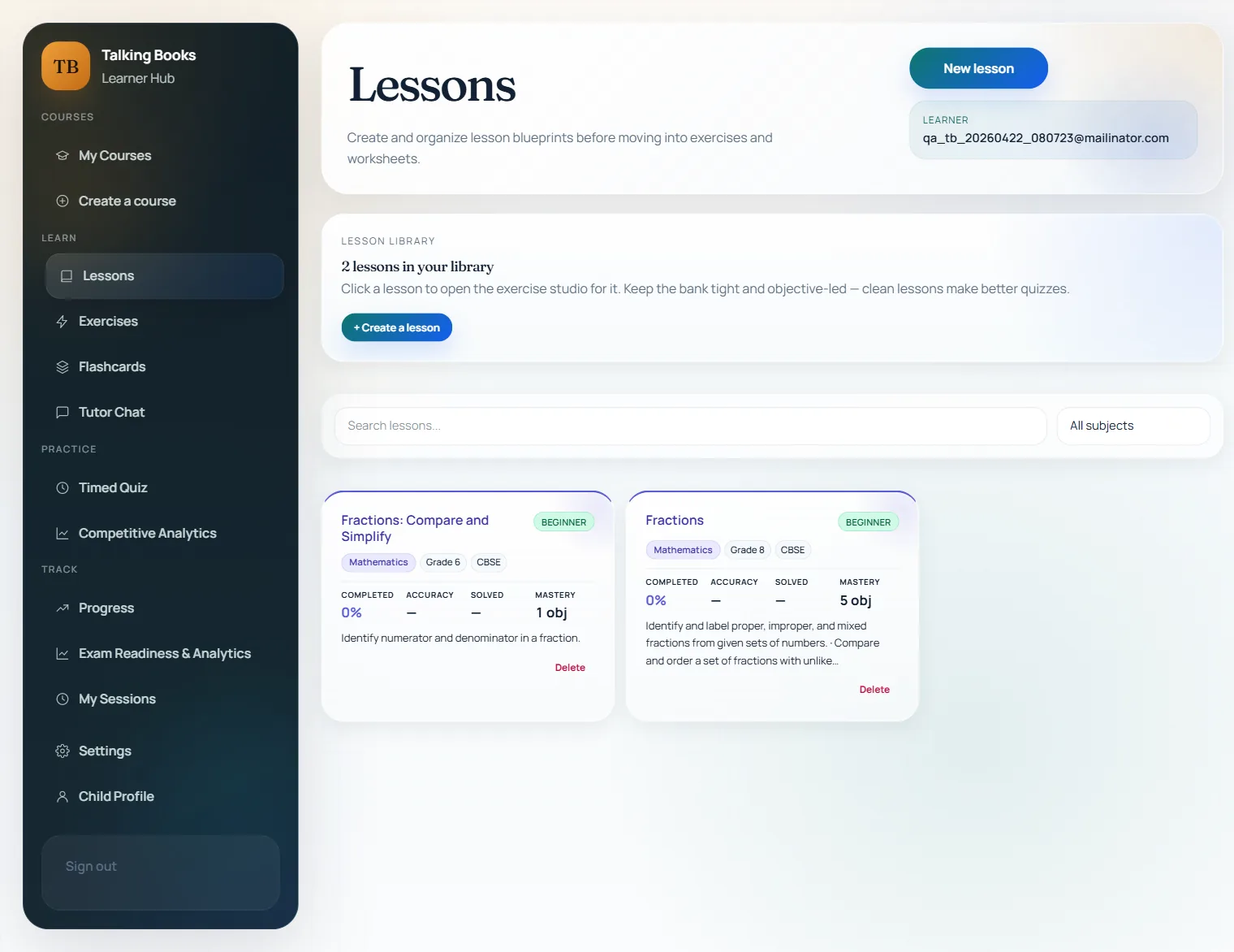 Talking Books lessons library — adaptive practice and progress tracking