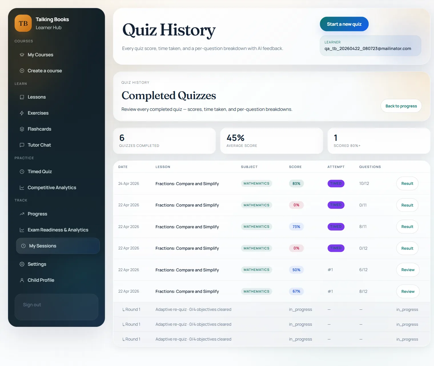 My sessions — full quiz and practice history
